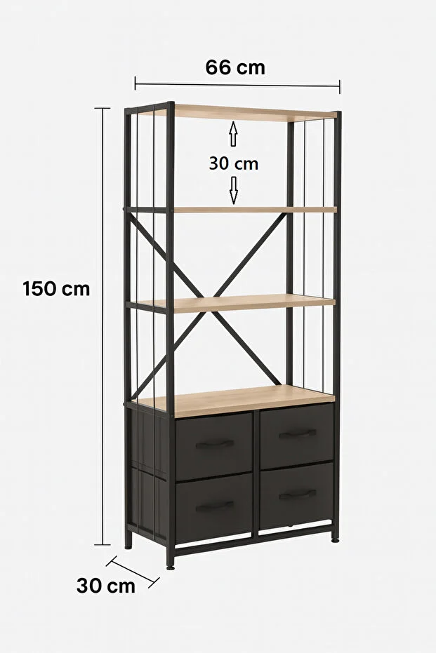 4 Çekmeceli 4 Raflı Kitaplık Çalışma Odası Düzenleyici Metal Kitaplık Deri Çekmeceli Kitaplık Antrasit